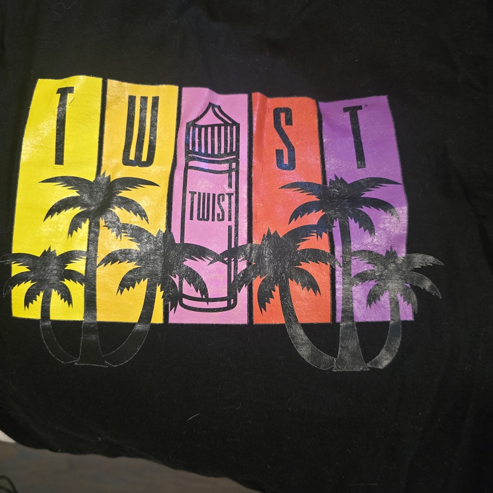 Women's Short Sleeve Tee - Black with Yellow, Red, and Purple Design